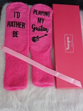 Hot Pink 'I'd Rather Be Playing My Guitar' Fuzzy Socks